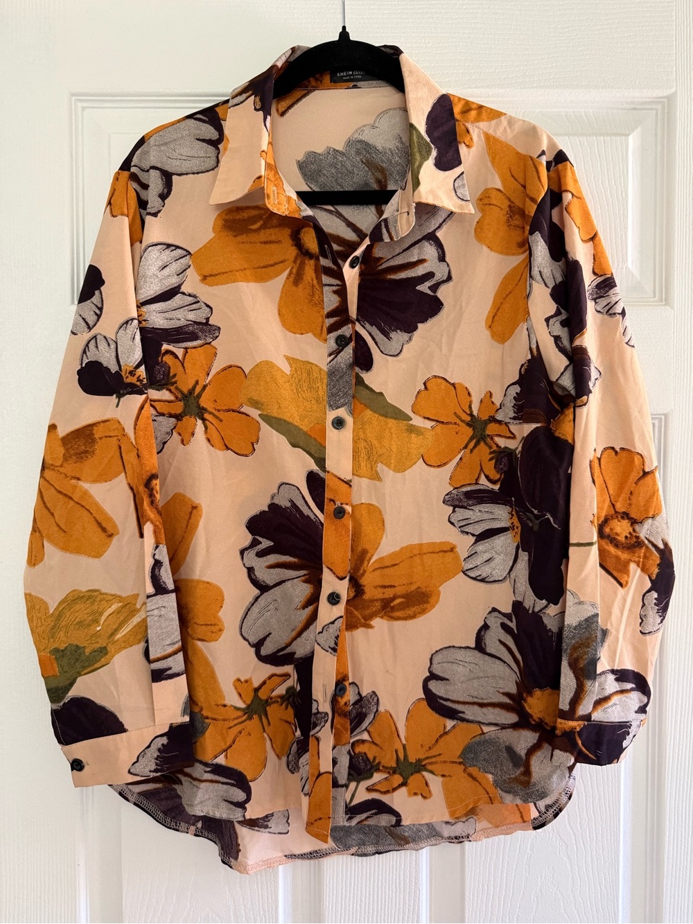 Woman’s Floral Button-Down Shirt - Peach with Mustard & Plum Floral